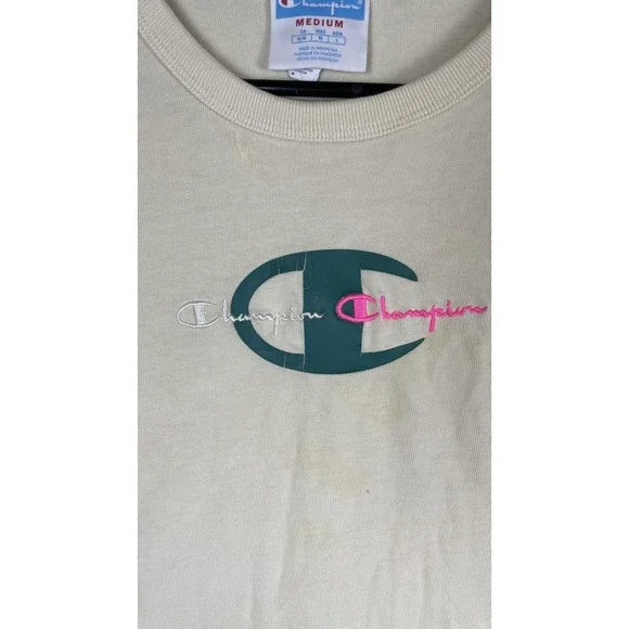 Champion Shirt Mens Medium Beige Big C Logo Script Graphic Tee T-Shirt Casual - Picture 2 of 8